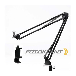 Кронштейн-крепление на струбцине для легких камер и освещения с держателем для смартфона настольный пантограф Fotokvant LSS-11+SM-CL7 