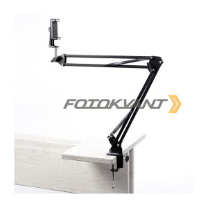 Кронштейн-крепление на струбцине для легких камер и освещения с держателем для смартфона настольный пантограф Fotokvant LSS-11+SM-CL3